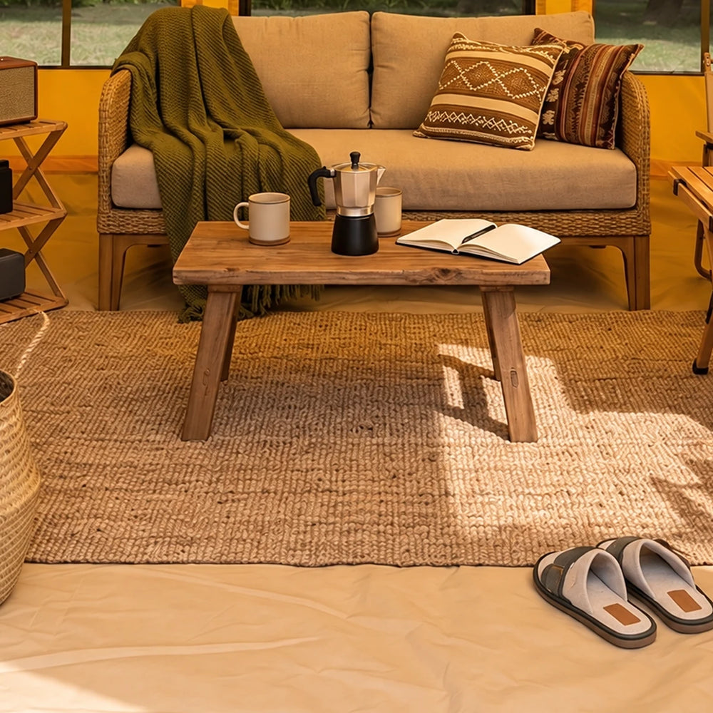Close-up of the resting area inside the yellow Cabin tent