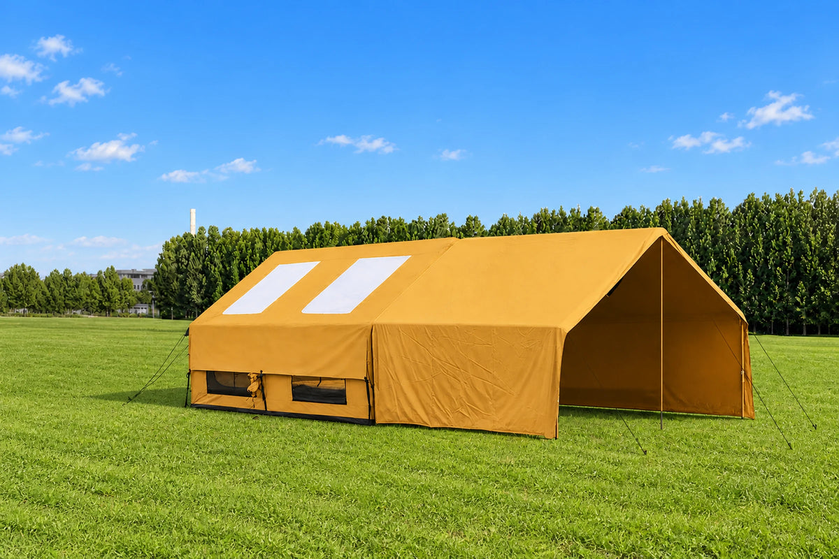 Zip-on side awning extended; fitted rainfly packed separately.