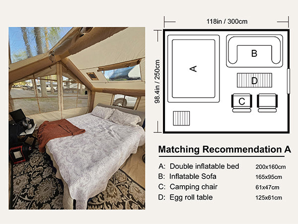Senleeto 118x98in tent floor plan: Interior setup ideas with a double bed, sofa, table, and wood stove.