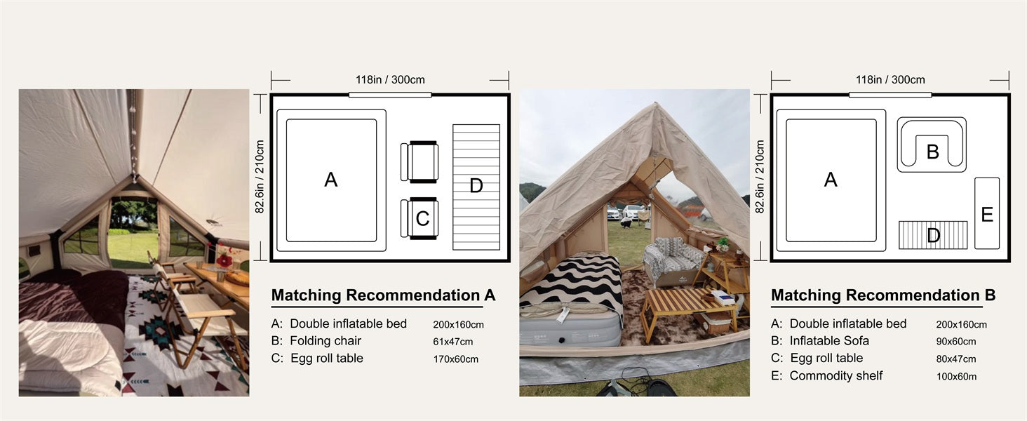 nterior layout recommendations and floor plan dimensions for 118x82.6 inch glamping cabin tent, showing furniture setup options.
