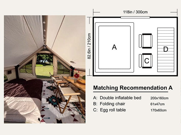 Interior floor plan and furniture layout for a 118x82.6 inch canvas cabin tent, featuring a double inflatable bed, folding chairs, and a roll-top table.