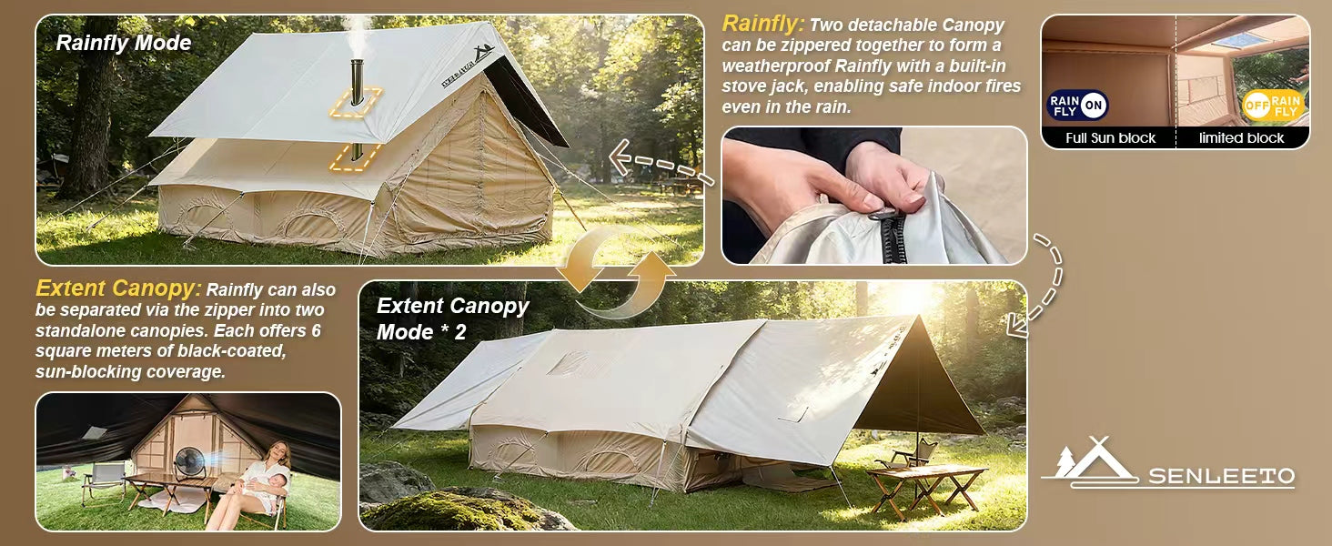 Senleeto 2-in-1 tent: weatherproof rainfly with stove jack converts into two 6sqm black-coated sun-blocking canopies.