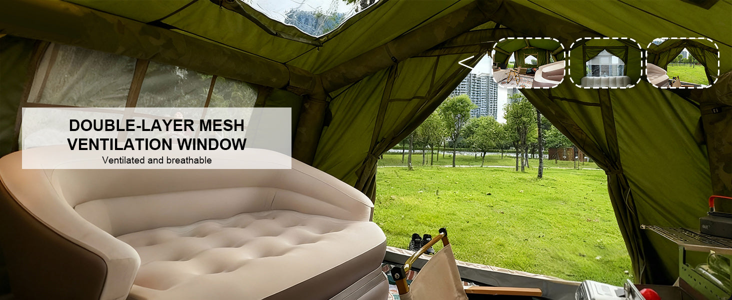 Double-layer mesh ventilation system: Provides maximum airflow while keeping the tent breathable and bug-free.