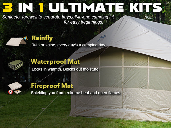 Senleeto 3-in-1 inflatable tent: includes rainfly, waterproof mat, and fireproof mat. All-in-one kit for easy beginnings.