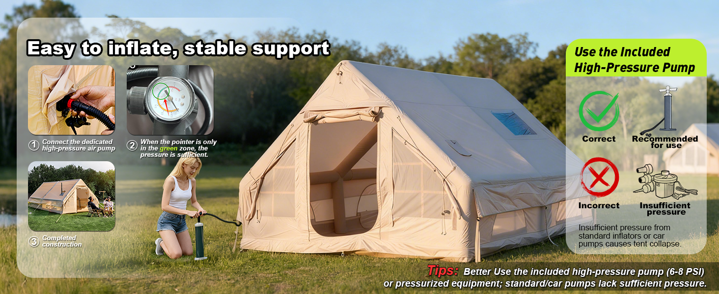 Senleeto inflatable tent setup guide: 3 steps to reach 6-8 PSI using the included high-pressure pump for stable support.