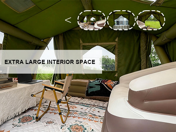 Extra large interior space: Real-life shot of the inflatable tent house with full glamping furniture and luxury layout.
