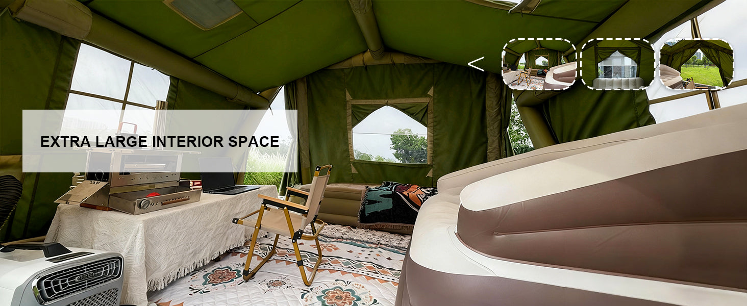 Extra large interior space: Real-life shot of the inflatable tent house with full glamping furniture and luxury layout.