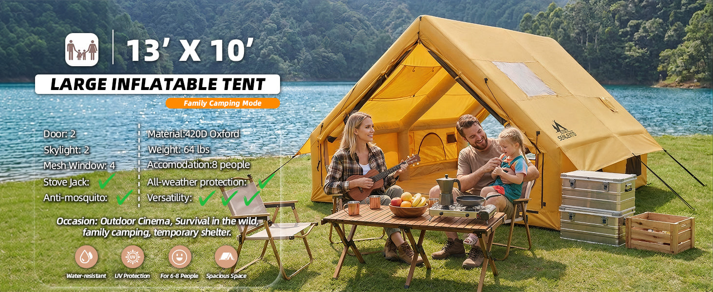 Family relaxing by a 13'x10' waterproof inflatable camping tent. Easy setup for 8 people.