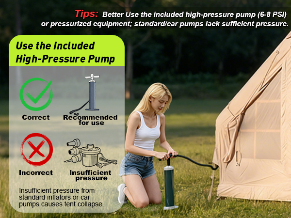 Senleeto tent inflation guide: 6-8 PSI setup using the high-pressure pump. Warns against insufficient car air pumps.