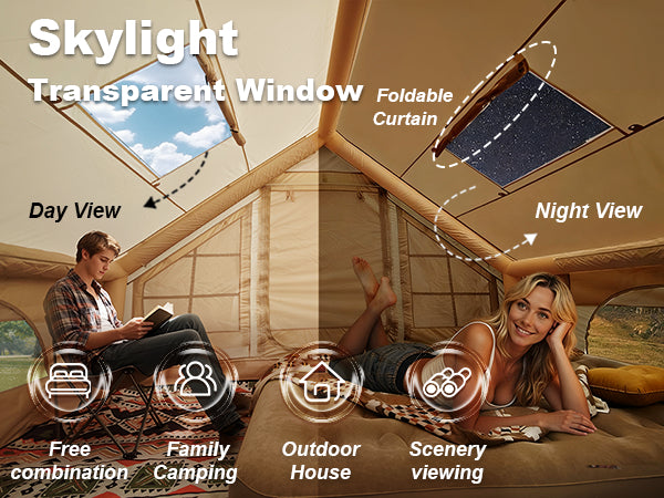 Senleeto inflatable cabin tents size selection: Large vs. Mini side-by-side, visualizing standard and compact glamping gear.