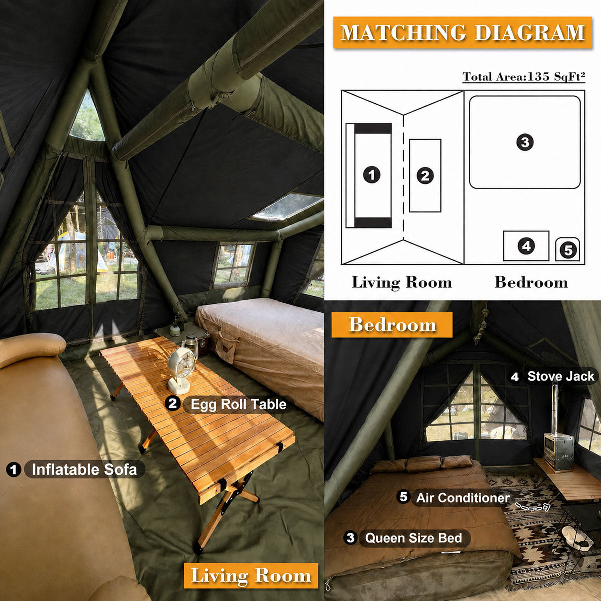 Interior layout of a glamping tent with living room, bedroom, inflatable sofa, folding table, queen bed, stove jack, and air conditioner space