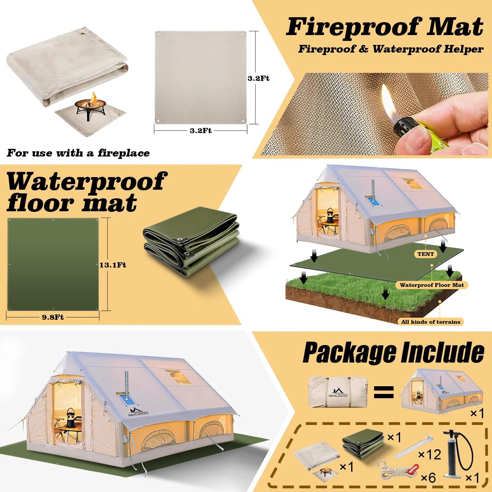 Senleeto tent package includes waterproof floor mat, fireproof stove mat, manual pump, and pegs.