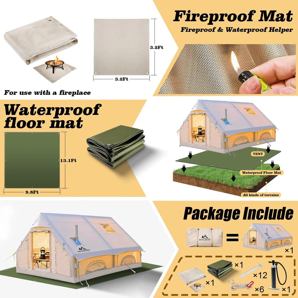 Senleeto tent package includes waterproof floor mat, fireproof stove mat, manual pump, and pegs.