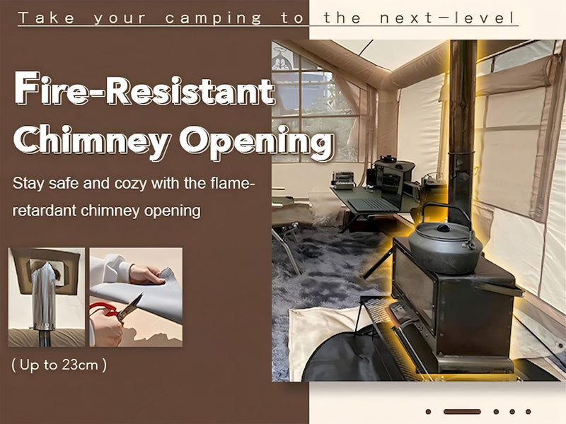 Flame-retardant chimney opening for Senleeto hot tent: safe stove jack up to 23cm for winter glamping comfort.