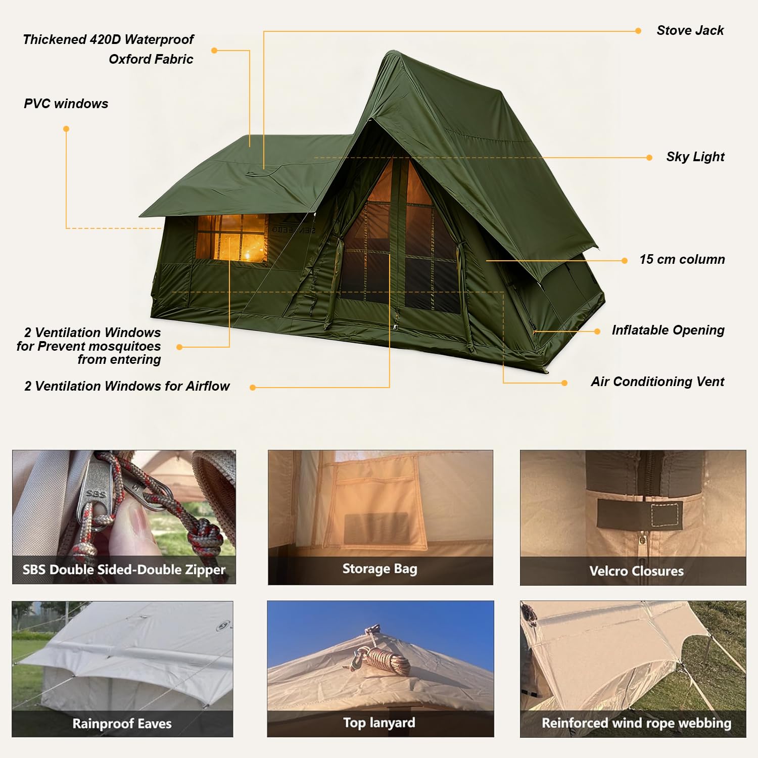 Tent specs: Thick 420D waterproof Oxford fabric, SBS zippers, 15cm air columns, and heavy-duty webbing.