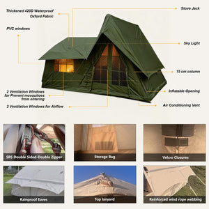 Tent specs: Thick 420D waterproof Oxford fabric, SBS zippers, 15cm air columns, and heavy-duty webbing.