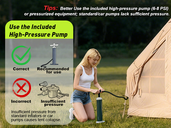 Senleeto tent inflation: use included high-pressure pump for 6-8 PSI. Avoid car pumps to ensure stable support.