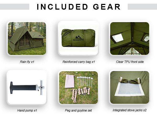 Included Gear Checklist: 1 Rainfly, carry bag, TPU window, hand pump, peg/guyline set, and 2 integrated stove jacks.