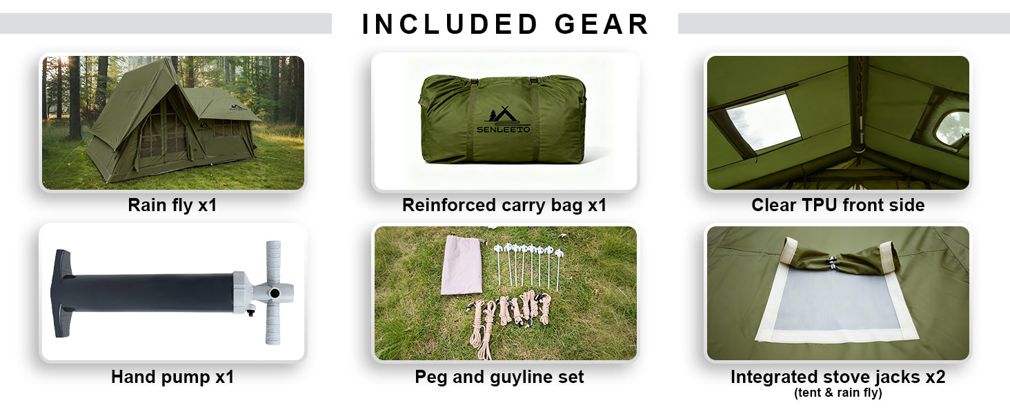 Included Gear Checklist: 1 Rainfly, carry bag, TPU window, hand pump, peg/guyline set, and 2 integrated stove jacks.