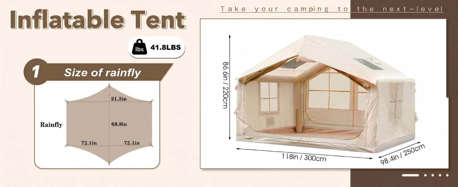 Inflatable tent dimensions guide: 118x98.4x86.6 inches. Lightweight 41.8 lbs with detailed rainfly size specifications.