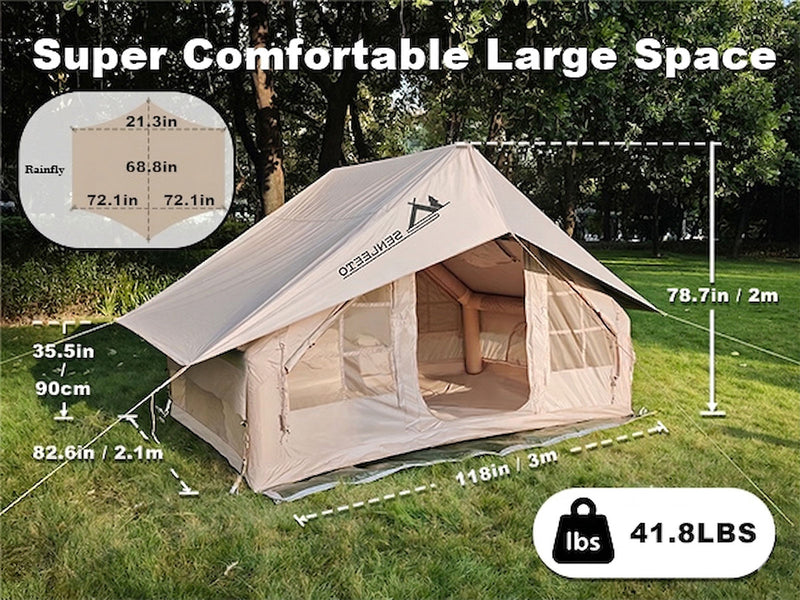 Senleeto large inflatable tent: 78.7in center height, 41.8 lbs weight, and rainfly guide for family glamping.