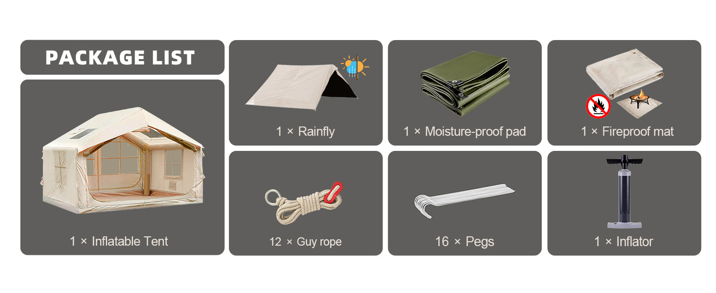 Senleeto inflatable tent package list: includes 1 tent, rainfly, moisture-proof pad, fireproof mat, 12 ropes, 16 pegs, and pump.