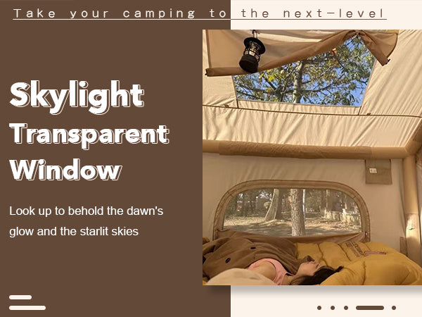 Senleeto tent skylight: transparent window for stargazing and dawn views. Perfect for luxury glamping adventures.