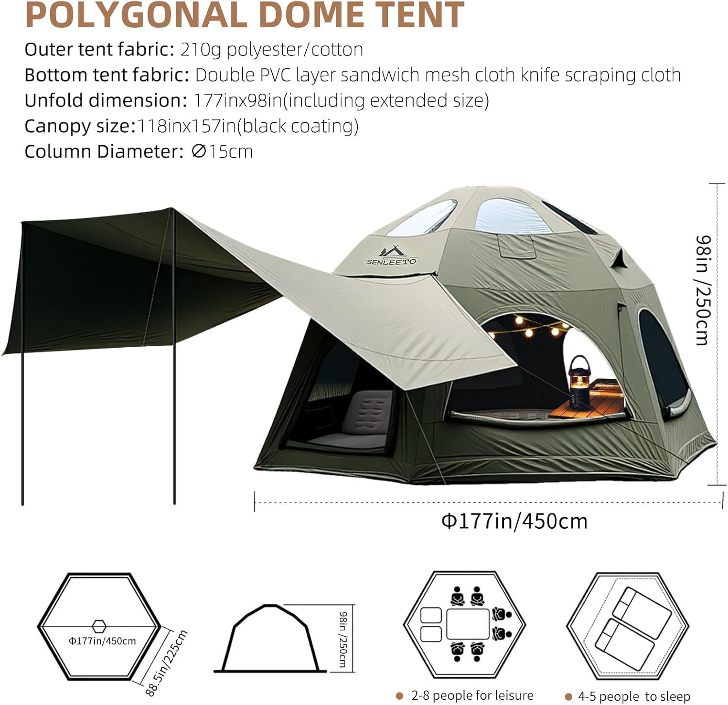 Inflatable Dome Tent, 141.6 sq ft, for 4-6 People.