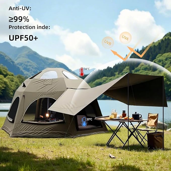 Green inflatable dome tent setup in forest