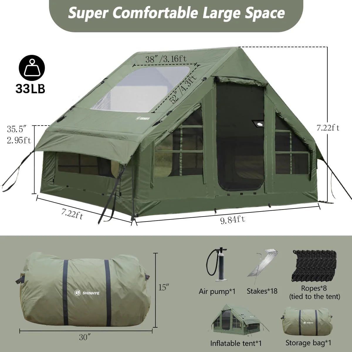 Inflatable Tent, 67.8 sq ft, Army Green.