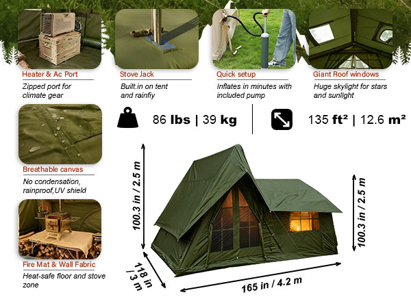 Senleeto inflatable tent specs: 165x118x100in, 135 sq ft area, 86 lbs, featuring AC port and stove jack.