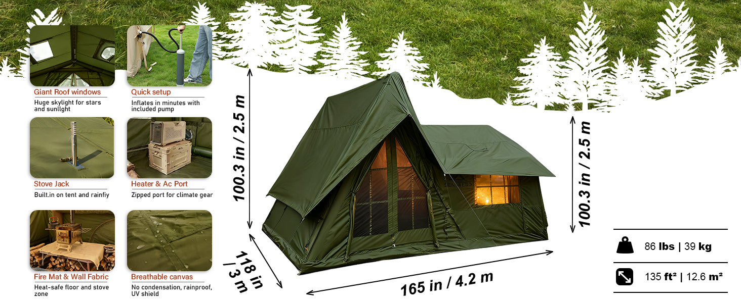 Senleeto inflatable tent dimensions: 165x118x100in, 135 sq ft area, 86 lbs weight, featuring AC port and stove jack.