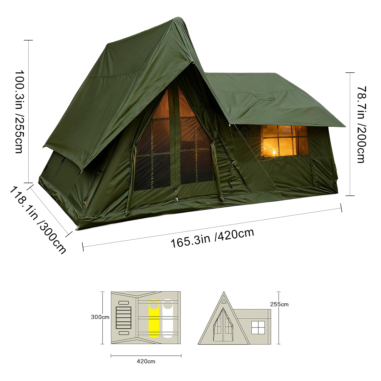 Size guide for the large inflatable tent: 165.3" L x 118.1" W x 100.3" H. Precise dimensions for trip planning.