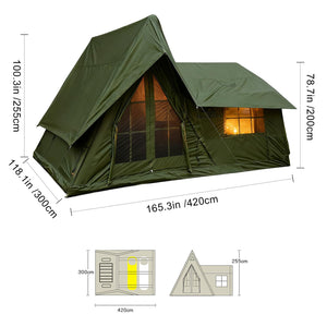 Size guide for the large inflatable tent: 165.3" L x 118.1" W x 100.3" H. Precise dimensions for trip planning.