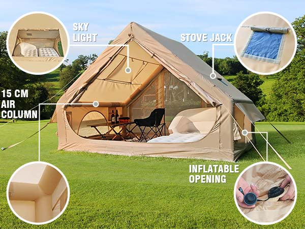 Senleeto tent specs: 15cm air columns, stove jack, sky light, and inflatable opening for premium glamping gear.