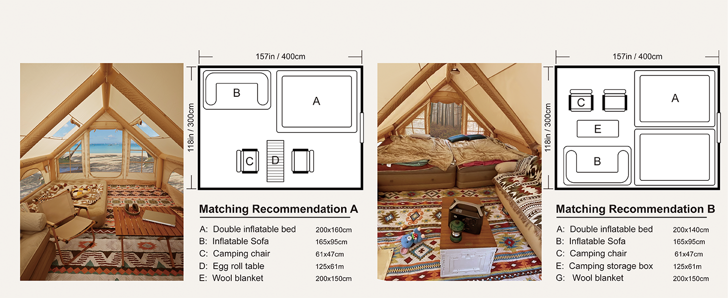 Interior floor plan for Senleeto 157x118in inflatable tent, showing furniture layouts for beds, sofas, and tables.