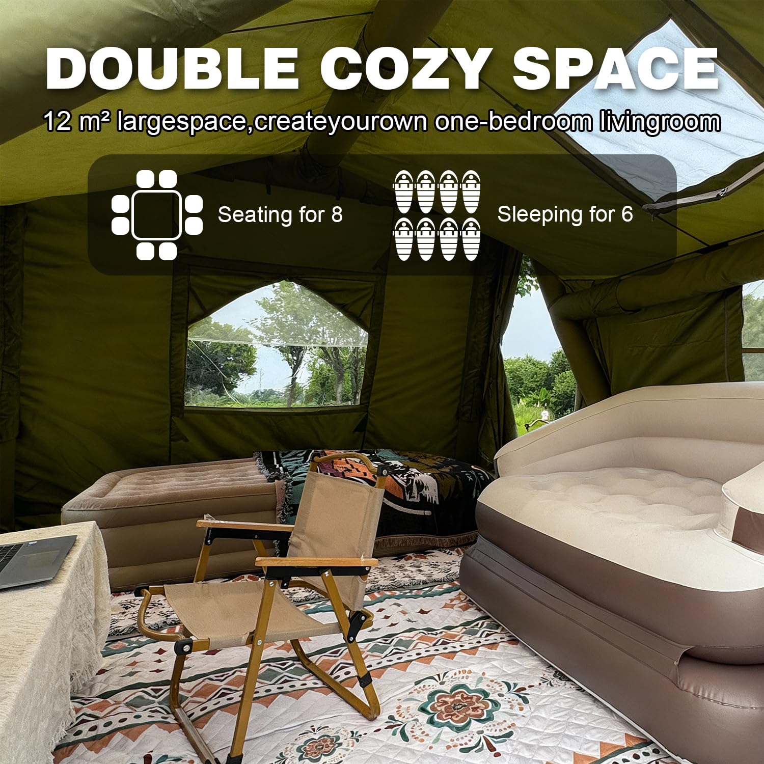 135 sq.ft inflatable tent interior: cozy seating for 8 and sleeping for 6 in a 1-bedroom, 1-living room layout. 