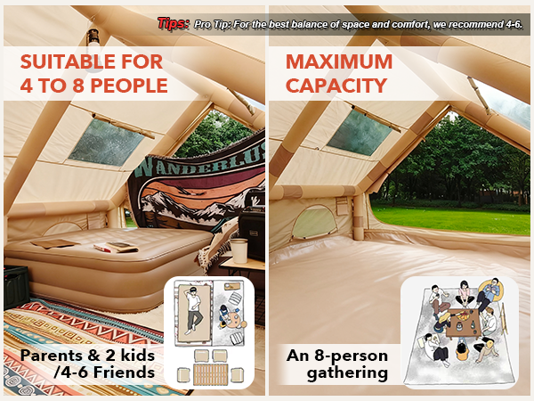 Senleeto tent capacity: ideal for parents & 2 kids (4-6 people) or a maximum 8-person gathering space.