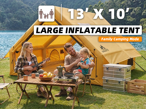 Family enjoying a large 13x10 inflatable camping tent outdoors.