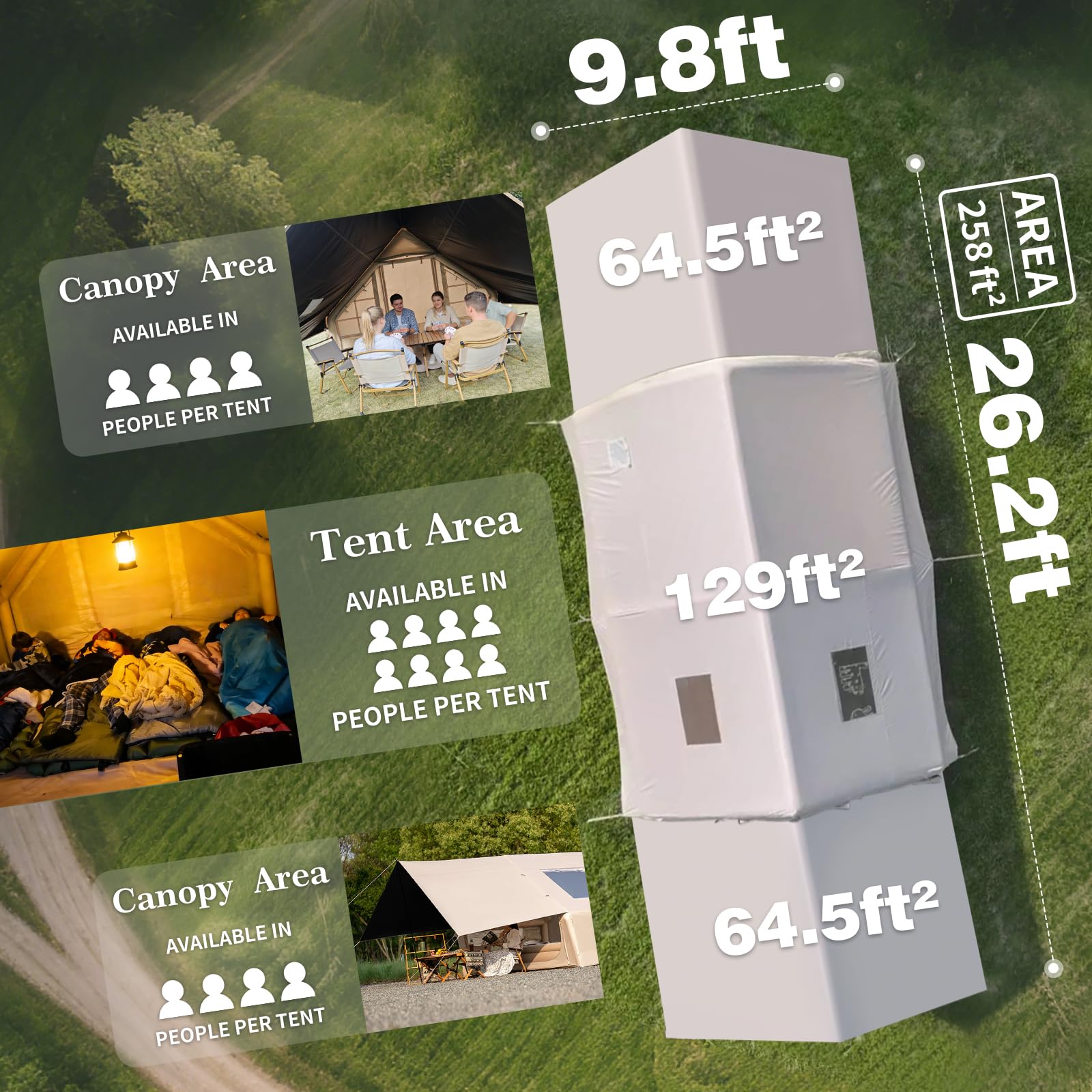 Top-down view of Senleeto tent dimensions. 26.2ft length with large canopy area. Fits 8-10 people.