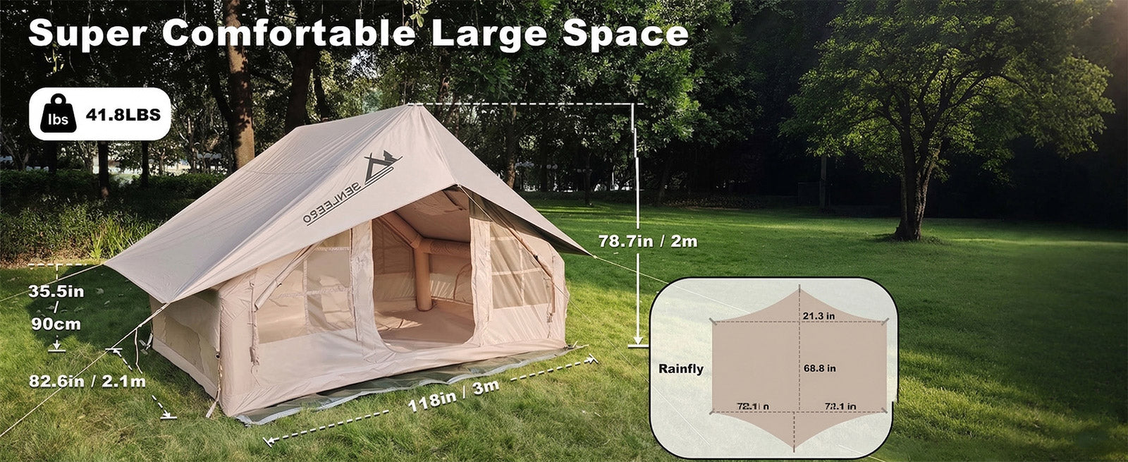 Super comfortable Senleeto tent: 118x82.6x78.7in dimensions, 41.8 lbs weight, and rainfly coverage guide for outdoor camping.