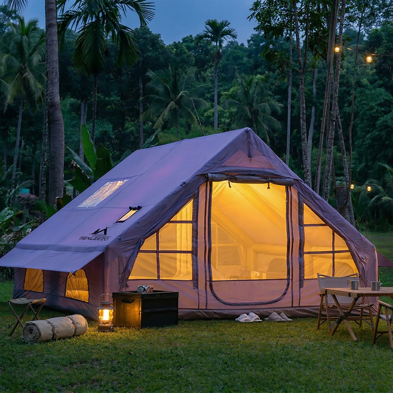 Purple Senleeto inflatable glamping tent at dusk, featuring warm interior lights, clear windows, mesh door, and awning.