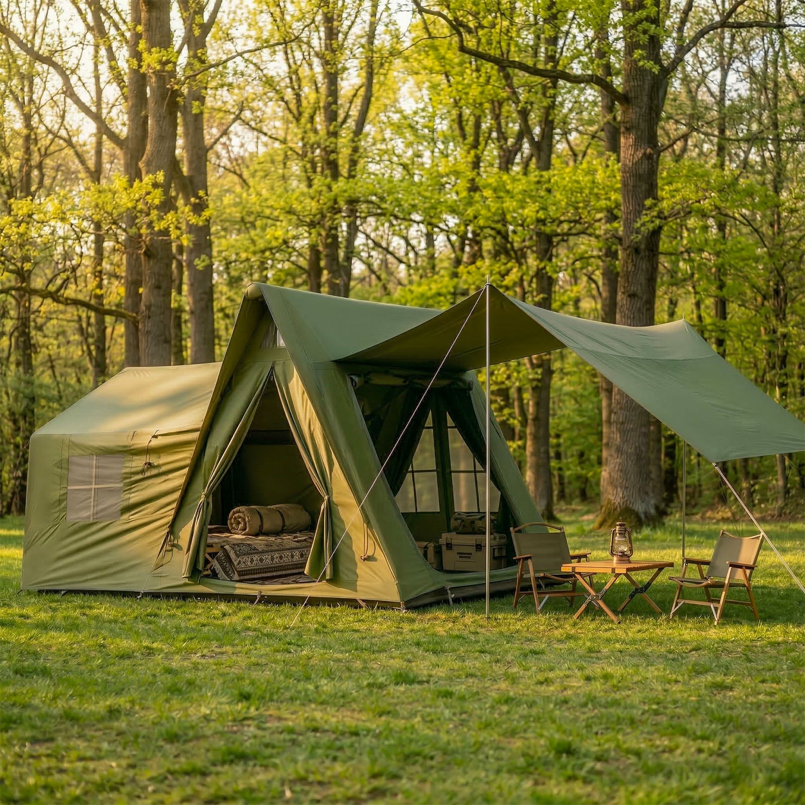 SENLEETO 4-season olive green inflatable glamping tent in a forest, featuring a massive canopy and cabin design.