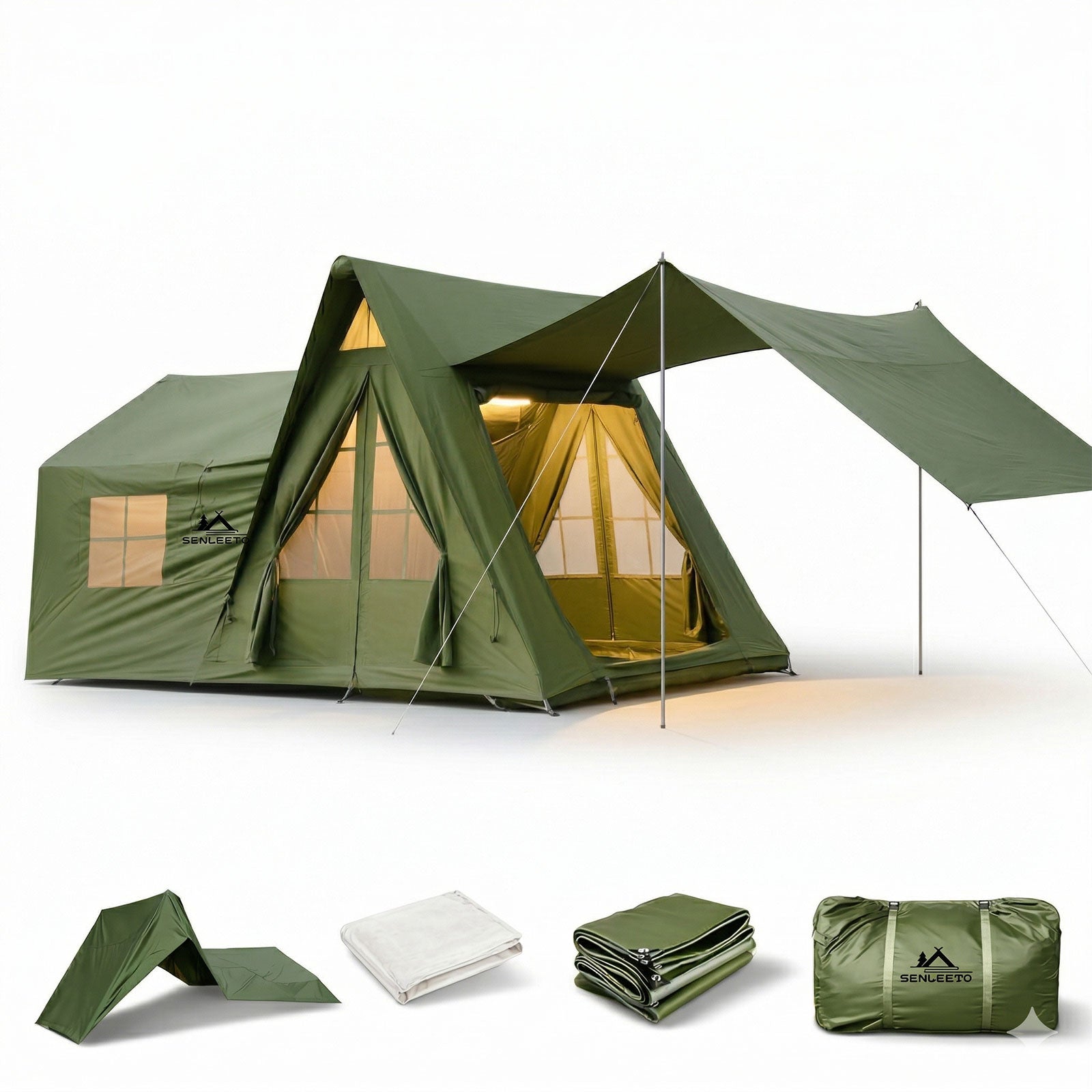 Senleeto luxury olive green inflatable glamping tent with extended canopy, windows, and portable storage bag.