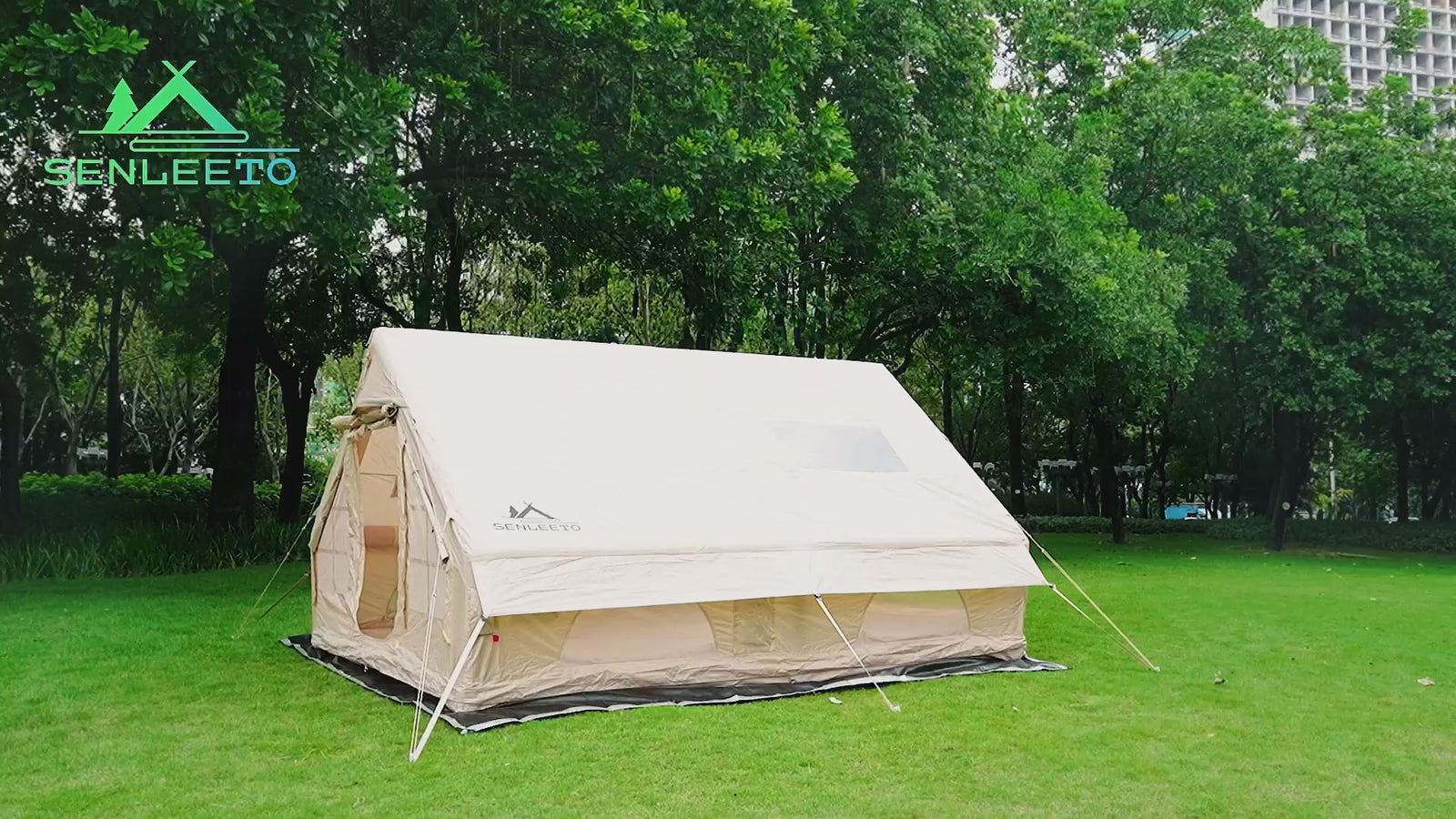 Setup guide for Senleeto 13x10ft inflatable tent: from unboxing to full inflation with an easy air pump connection.