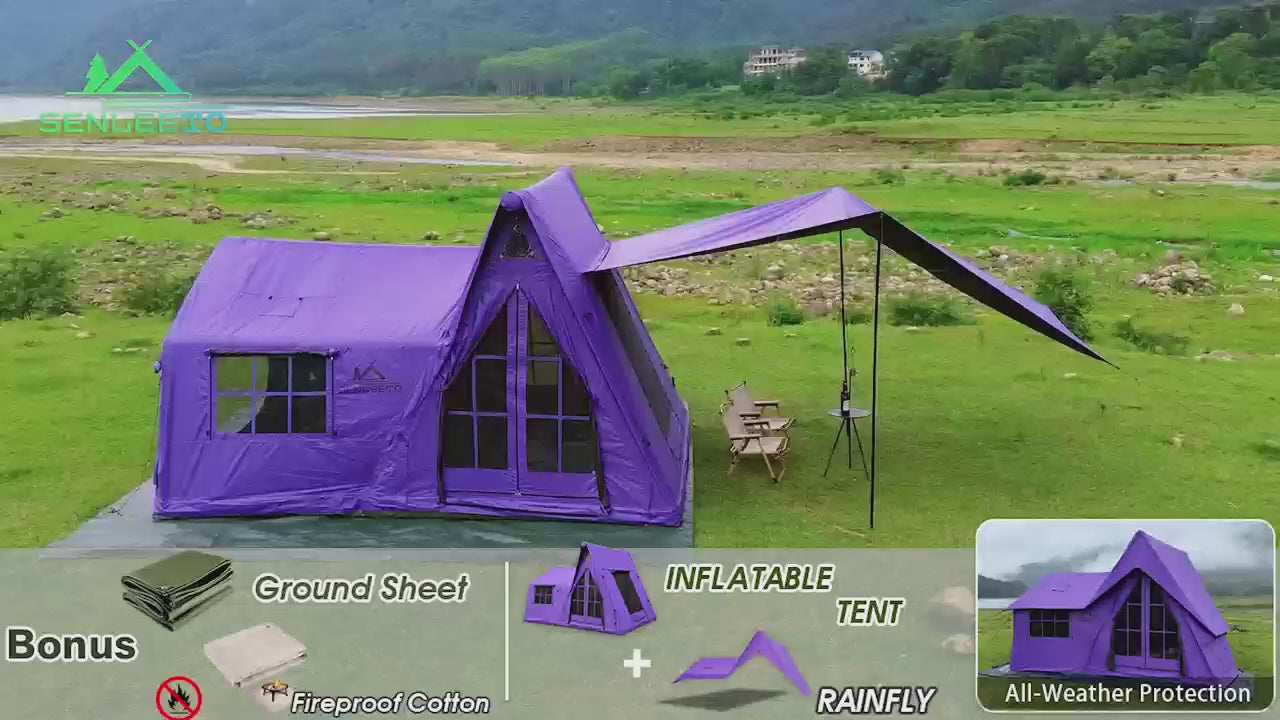 Senleeto 137 sq. ft. purple inflatable cabin tent with rainfly, extended canopy, spacious interior and multiple functional features.