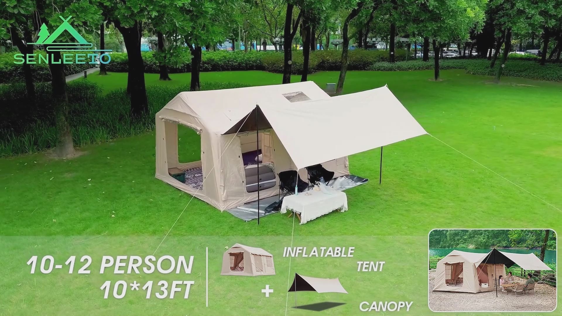 Senleeto 129 square feet large inflatable cabin tent pitched on grass. Quick setup waterproof glamping tent.