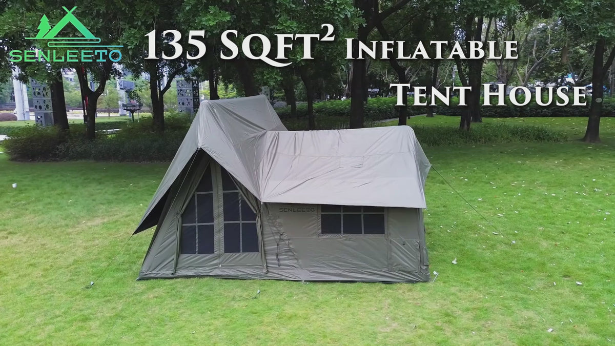 Senleeto luxury 135 sqft green inflatable hot tent featuring 100% total blackout interior, TPU skylight, stove jack, and advanced waterproof black rubber canopy