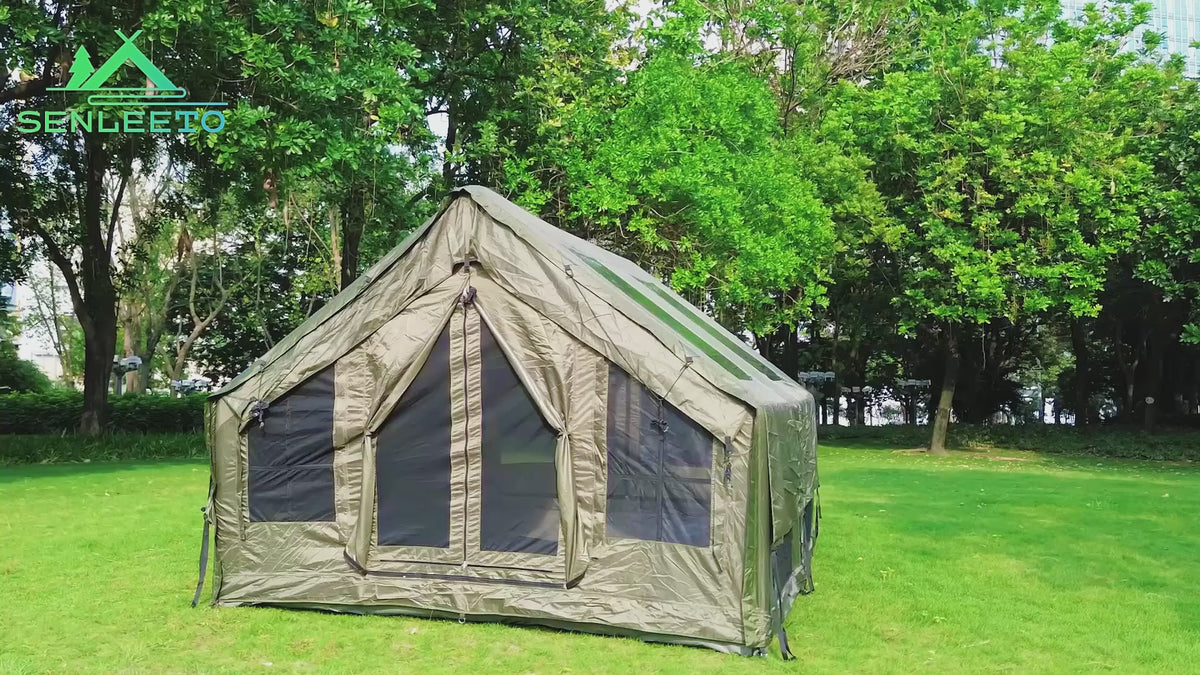 Senleeto 13x10 ft large-window inflatable cabin tent showing setup, skylights, spacious interior, air-beam frame and side awning.