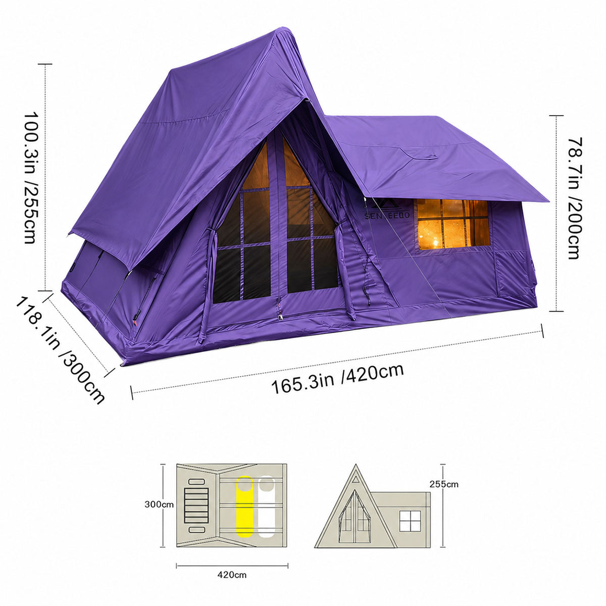 Interior layout of a glamping tent with living room, bedroom, inflatable sofa, folding table, queen bed, stove jack, and air conditioner space